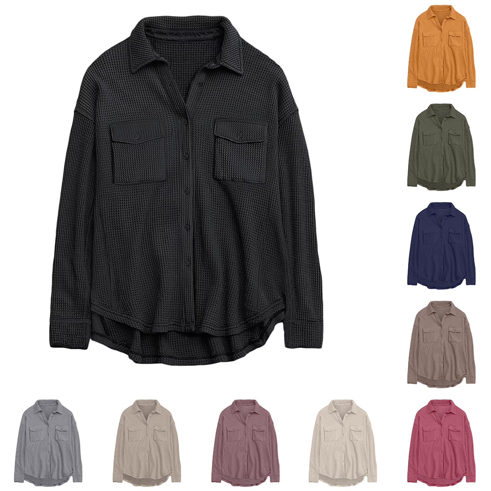 thumbnail image 5 of Camisa con bolsillos de color liso para mujer: top de punto holgado de manga larga, poliéster, versátil para primavera/otoño, tallas US 4-12, EU 34-42, 5 of 7